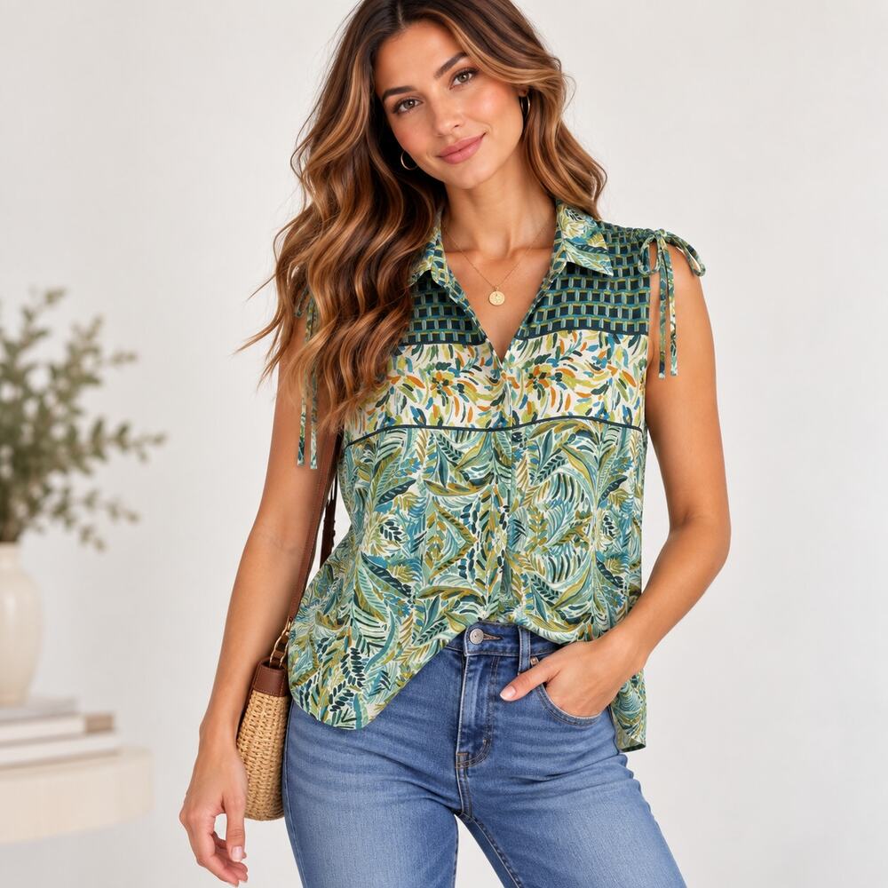 Alex & Lili Button-Up Sleeveless Blouse Women's Size L Green Tropical Vacation